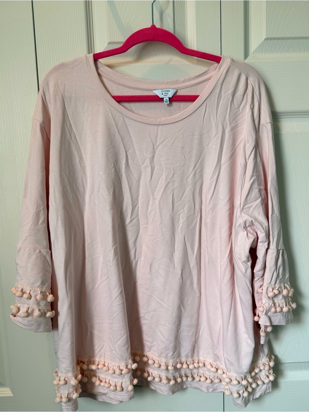 # crown & ivy Blush Pink 3X Pom-Pom Trim Relaxed Top